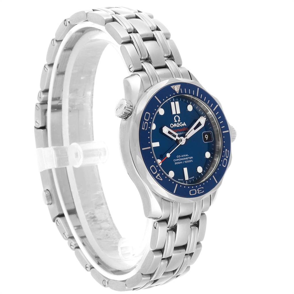 The image shows an angled view of an Omega Seamaster 212.30.36.20.03.001 Men
s Stainless Steel Blue Dial 212.30.36.20.03.001 Men
s Stainless Steel Blue Dial watch, highlighting the face, bezel, and metal bracelet.
