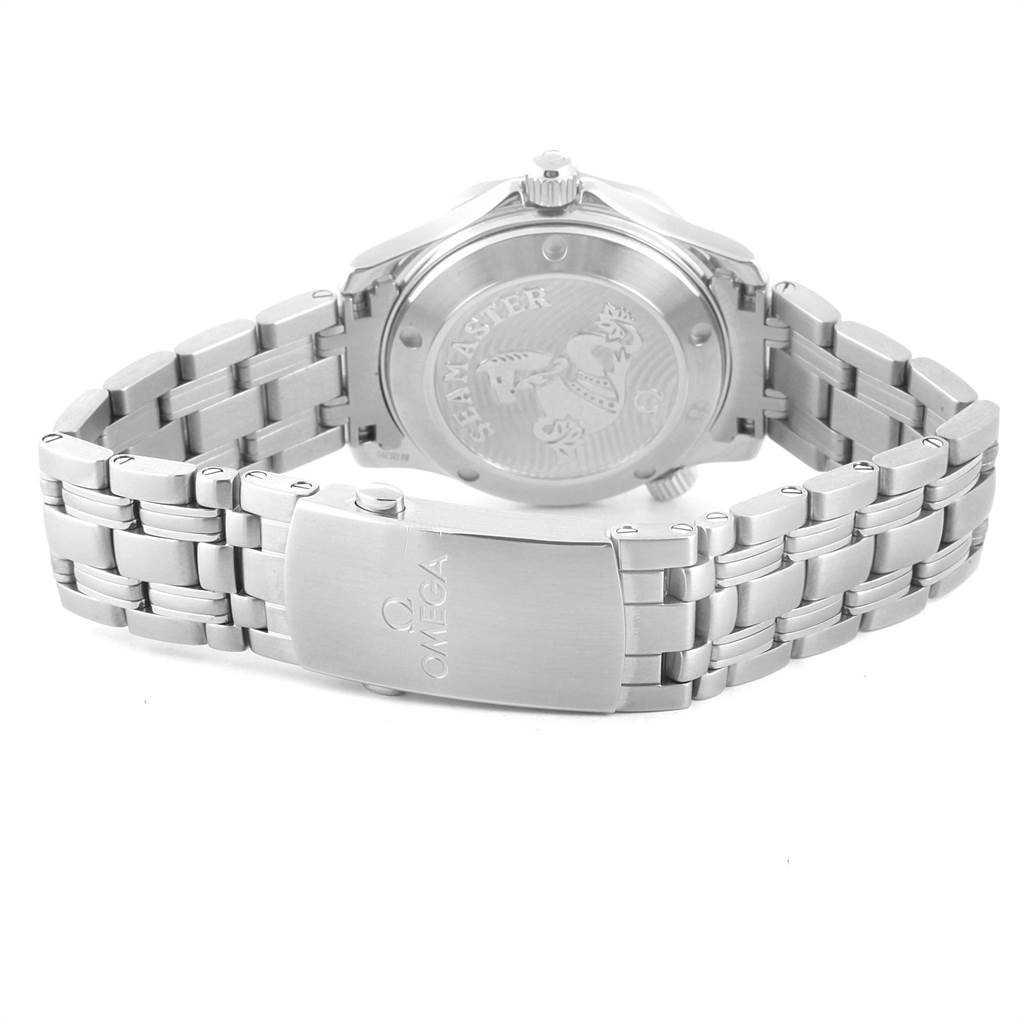 The image shows the backside and clasp of an Omega Seamaster 212.30.36.20.03.001 Men
s Stainless Steel Blue Dial 212.30.36.20.03.001 Men
s Stainless Steel Blue Dial watch, highlighting the engraved case back and metal bracelet.