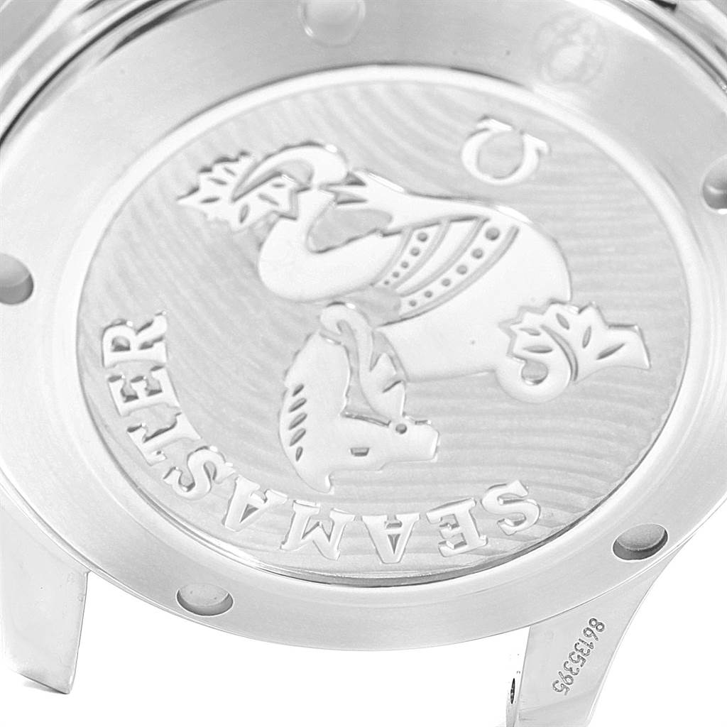 The image shows the case back of an Omega Seamaster 212.30.36.20.03.001 Men
s Stainless Steel Blue Dial 212.30.36.20.03.001 Men
s Stainless Steel Blue Dial watch at an angled view, highlighting the Seamaster emblem and text.