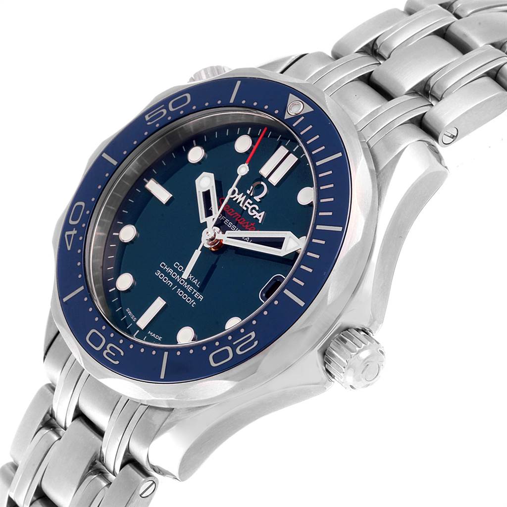 The image shows a side angle of an Omega Seamaster 212.30.36.20.03.001 Men
s Stainless Steel Blue Dial 212.30.36.20.03.001 Men
s Stainless Steel Blue Dial watch, focusing on the bezel, dial, crown, and bracelet.