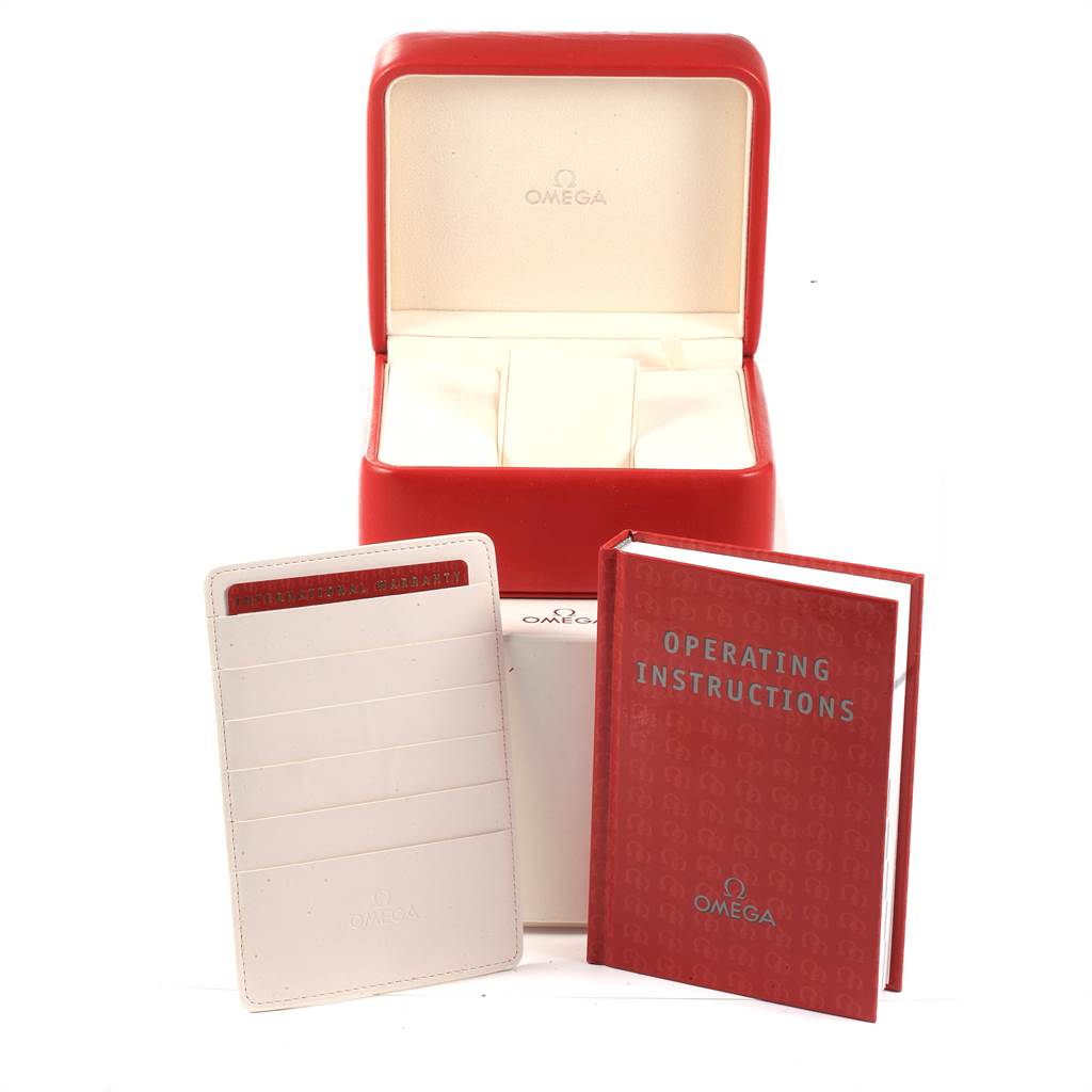 The image shows the Omega Seamaster 212.30.36.20.03.001 Men
s Stainless Steel Blue Dial 212.30.36.20.03.001 Men
s Stainless Steel Blue Dial watch box, an operating instructions booklet, and a cardholder.