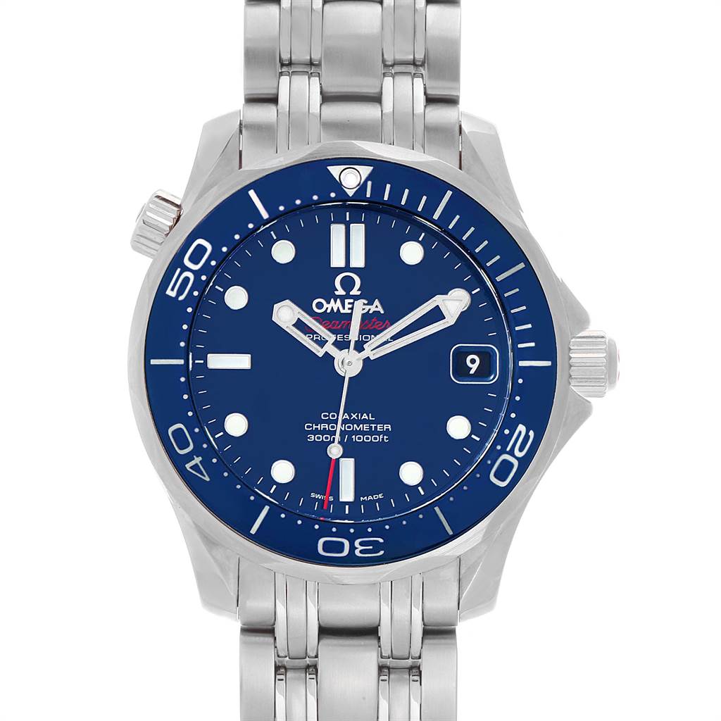 This is a front view of an Omega Seamaster 212.30.36.20.03.001 Men
s Stainless Steel Blue Dial 212.30.36.20.03.001 Men
s Stainless Steel Blue Dial watch, showcasing its dial, bezel, and metal bracelet.