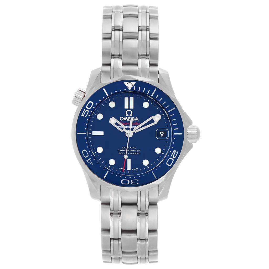 The image shows a front view of the Omega Seamaster 212.30.36.20.03.001 Men
s Stainless Steel Blue Dial 212.30.36.20.03.001 Men
s Stainless Steel Blue Dial watch displaying its blue dial, bezel, and metal bracelet.