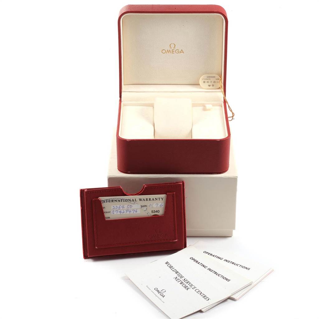 This image shows the Omega Seamaster 2264.50.00 Men
s Stainless Steel Black Dial 2264.50.00 Men
s Stainless Steel Black Dial watch
s open box, warranty card, and instruction manuals from a front angle.