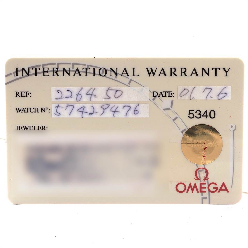 This image shows the front of the international warranty card for an Omega Seamaster 2264.50.00 Men
s Stainless Steel Black Dial 2264.50.00 Men
s Stainless Steel Black Dial watch.