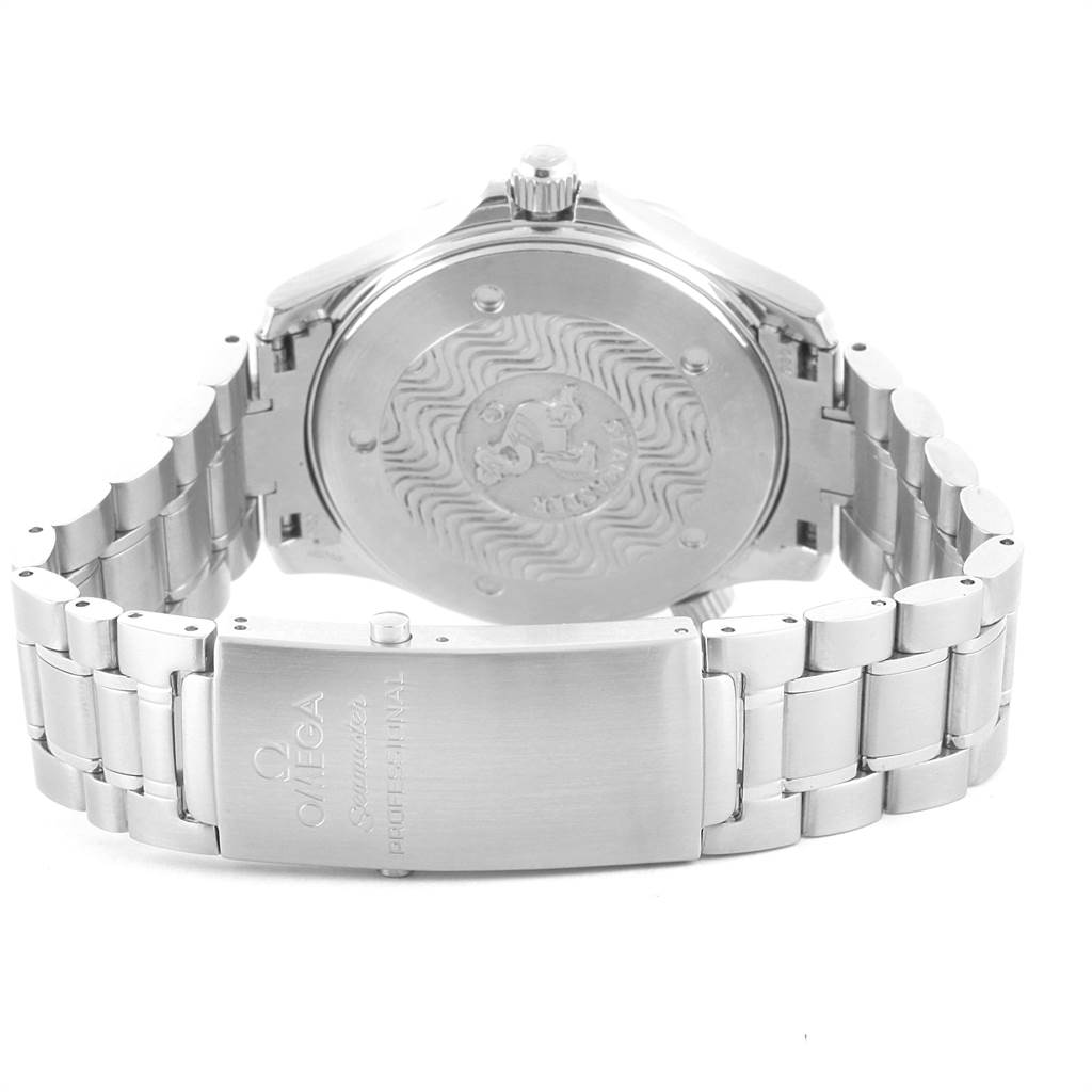 The image shows the back view of an Omega Seamaster 2264.50.00 Men
s Stainless Steel Black Dial 2264.50.00 Men
s Stainless Steel Black Dial watch, including its case back and metal bracelet with clasp.