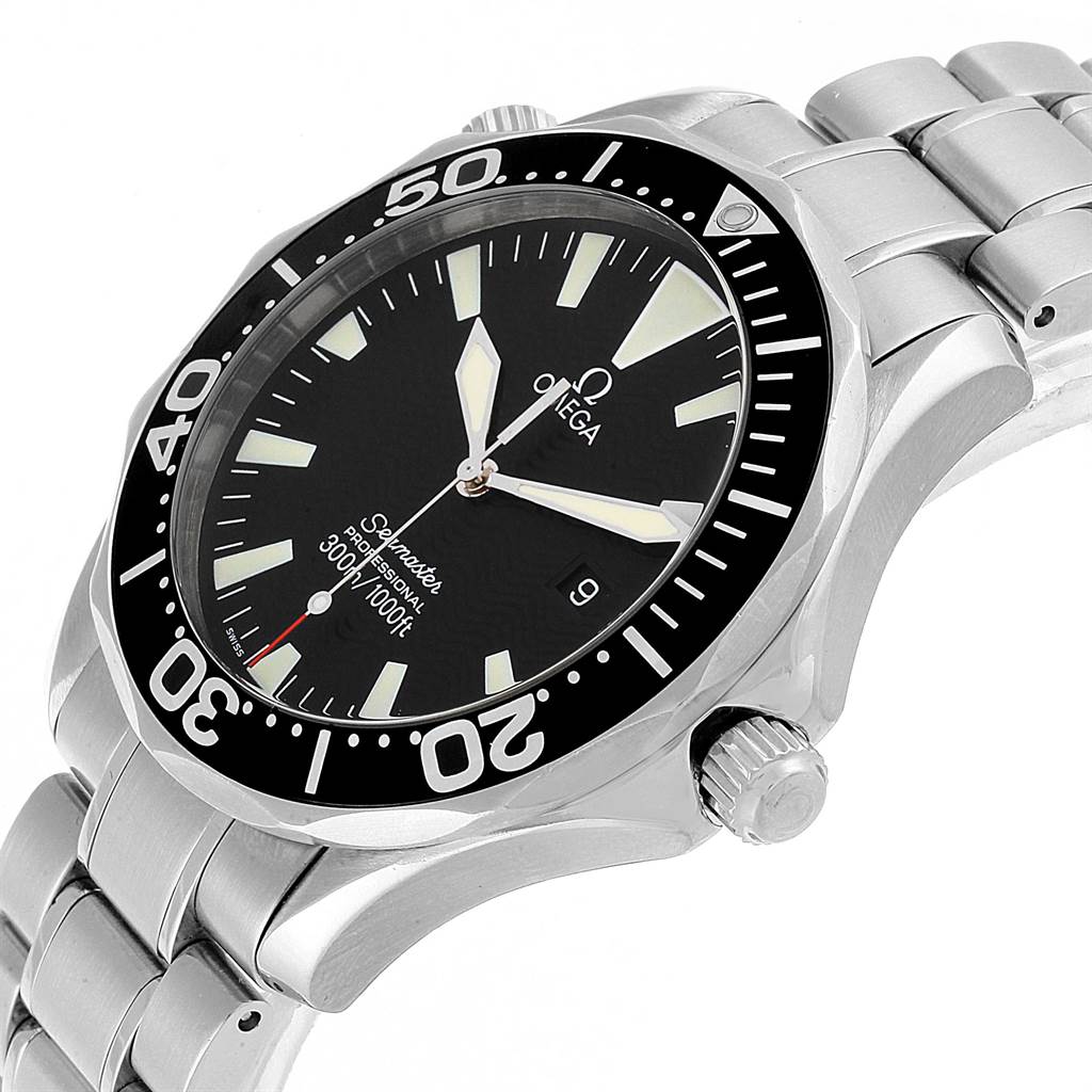 The image shows a partial side and top view of the Omega Seamaster 2264.50.00 Men
s Stainless Steel Black Dial 2264.50.00 Men
s Stainless Steel Black Dial watch, highlighting its bezel, dial, crown, and bracelet.