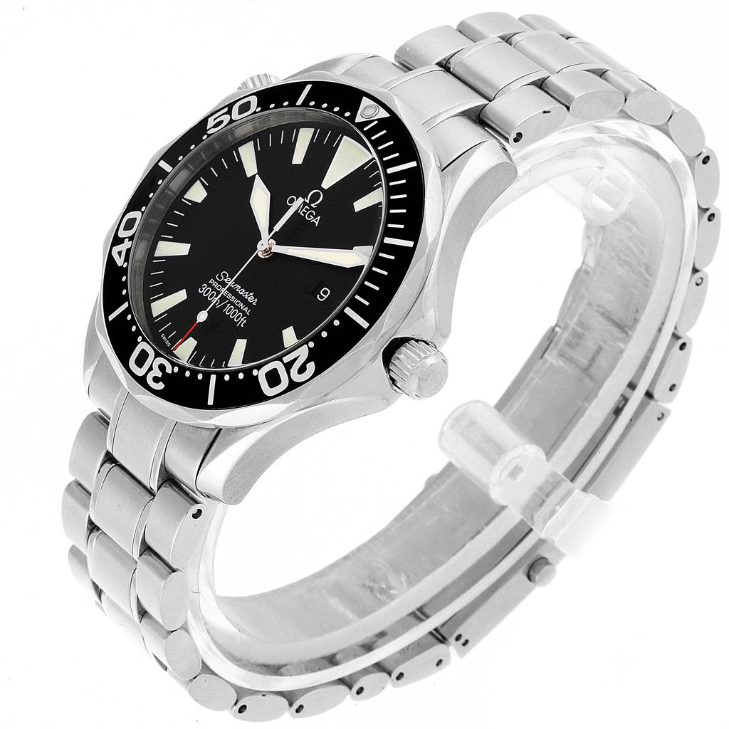 This image shows an Omega Seamaster 2264.50.00 Men
s Stainless Steel Black Dial 2264.50.00 Men
s Stainless Steel Black Dial watch from a three-quarter angle, highlighting the bezel, crown, dial, and bracelet.