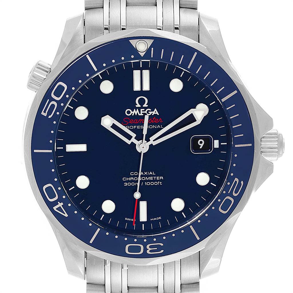 The image shows a front view of the Omega Seamaster 212.30.41.20.03.001 Men
s Stainless Steel Blue Dial 212.30.41.20.03.001 Men
s Stainless Steel Blue Dial watch, highlighting the blue dial, date window, and stainless steel bracelet.