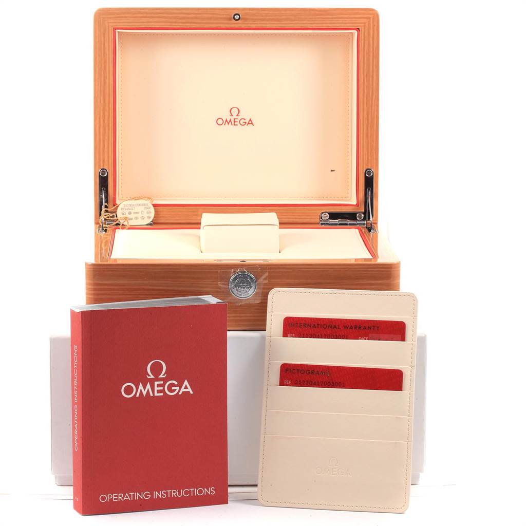 The image shows an Omega Seamaster 212.30.41.20.03.001 Men
s Stainless Steel Blue Dial 212.30.41.20.03.001 Men
s Stainless Steel Blue Dial watch box, operating instructions booklet, warranty cardholder, and international warranty cards.