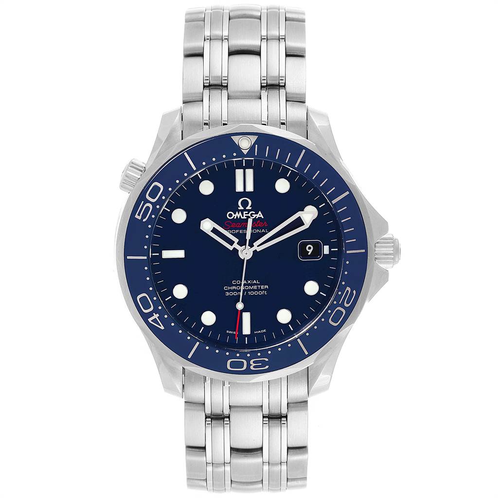 The Omega Seamaster 212.30.41.20.03.001 Men
s Stainless Steel Blue Dial 212.30.41.20.03.001 Men
s Stainless Steel Blue Dial watch is shown from a front angle, displaying its face, bezel, and stainless steel bracelet.
