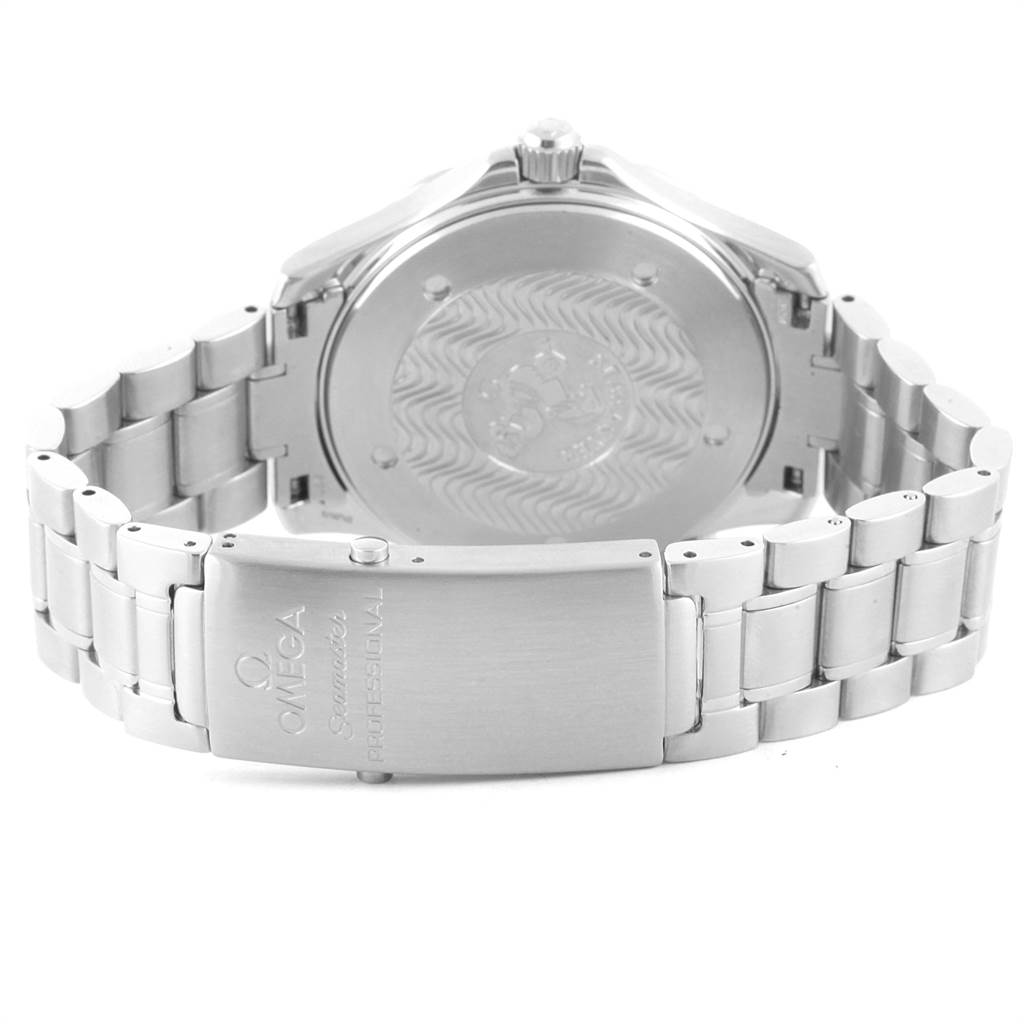 The Omega Seamaster 2264.50.00 Men
s Stainless Steel Black Dial 2264.50.00 Men
s Stainless Steel Black Dial watch is shown from the back, focusing on its case back and metal bracelet with clasp.