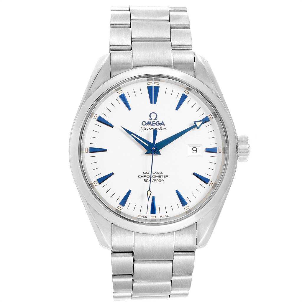 The Omega Seamaster 2502.33.00 Men
s Stainless Steel White Dial 2502.33.00 Men
s Stainless Steel White Dial watch is shown from the front, displaying its dial, hands, date window, and bracelet.