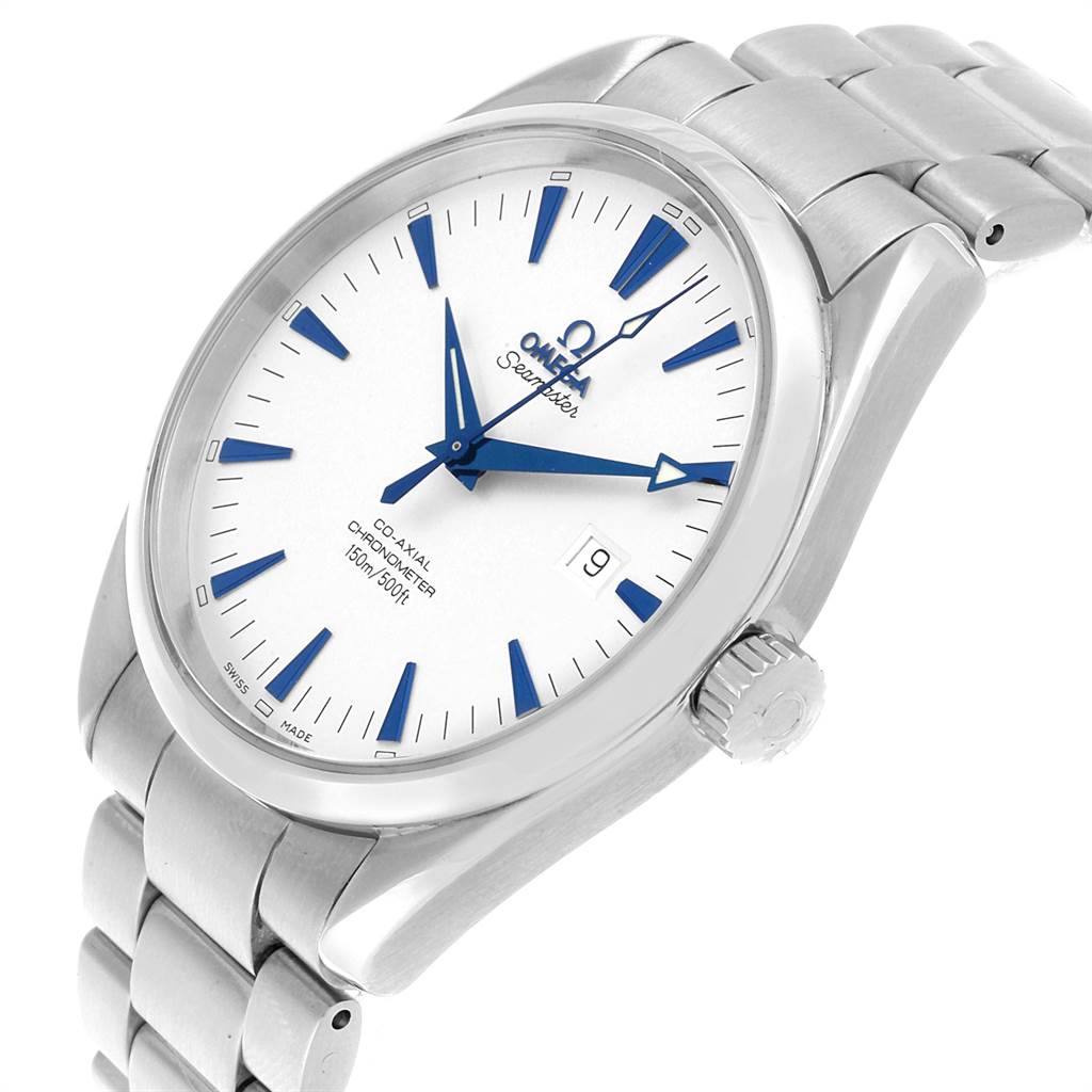 The image shows an angled partial view of the Omega Seamaster 2502.33.00 Men
s Stainless Steel White Dial 2502.33.00 Men
s Stainless Steel White Dial watch, highlighting its face, crown, and part of the bracelet.
