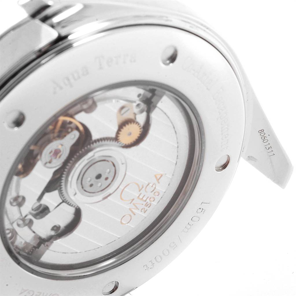 The image shows the case back of an Omega Seamaster 2502.33.00 Men
s Stainless Steel White Dial 2502.33.00 Men
s Stainless Steel White Dial Aqua Terra, highlighting its movement and engraving.
