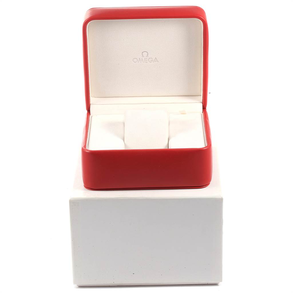 The image shows an open red and white Omega watch box, likely for a Seamaster model, viewed from the front.