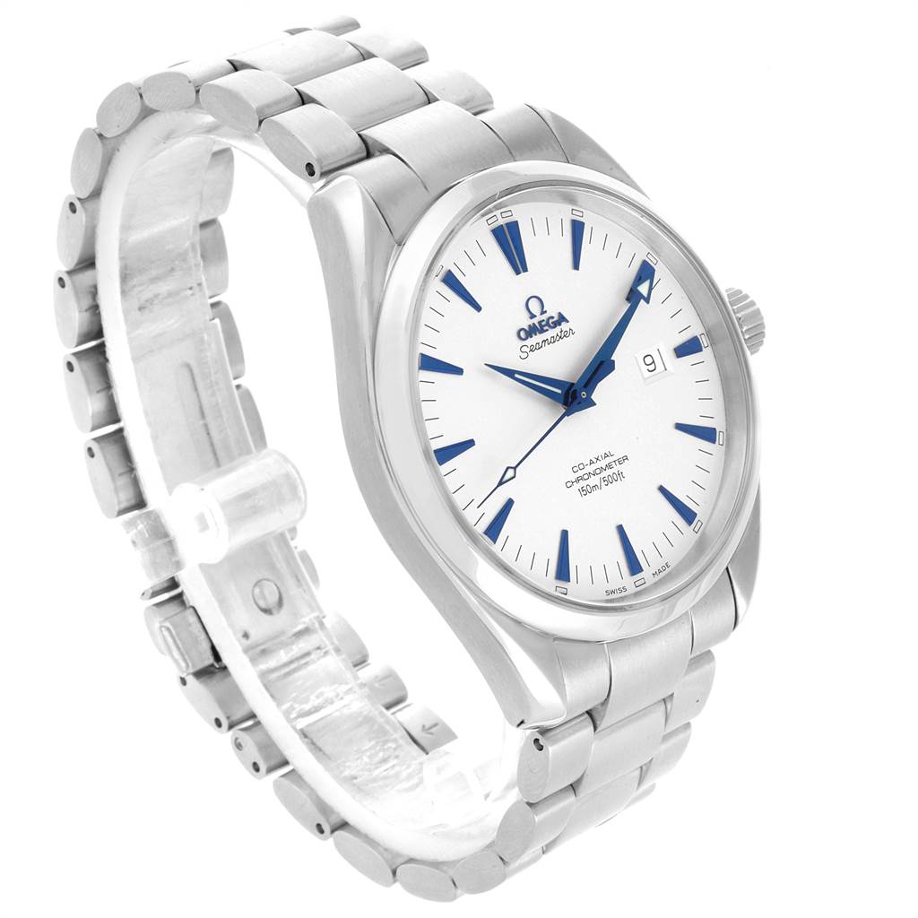 The image shows an Omega Seamaster 2502.33.00 Men
s Stainless Steel White Dial 2502.33.00 Men
s Stainless Steel White Dial watch at a three-quarter angle, highlighting its face, bracelet, and crown.