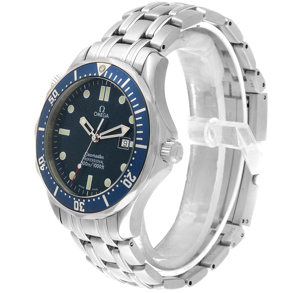 The Omega Seamaster 2541.80.00 Men
s Stainless Steel Blue Dial 2541.80.00 Men
s Stainless Steel Blue Dial watch is shown at a side angle, displaying the face, bezel, crown, and stainless steel bracelet.