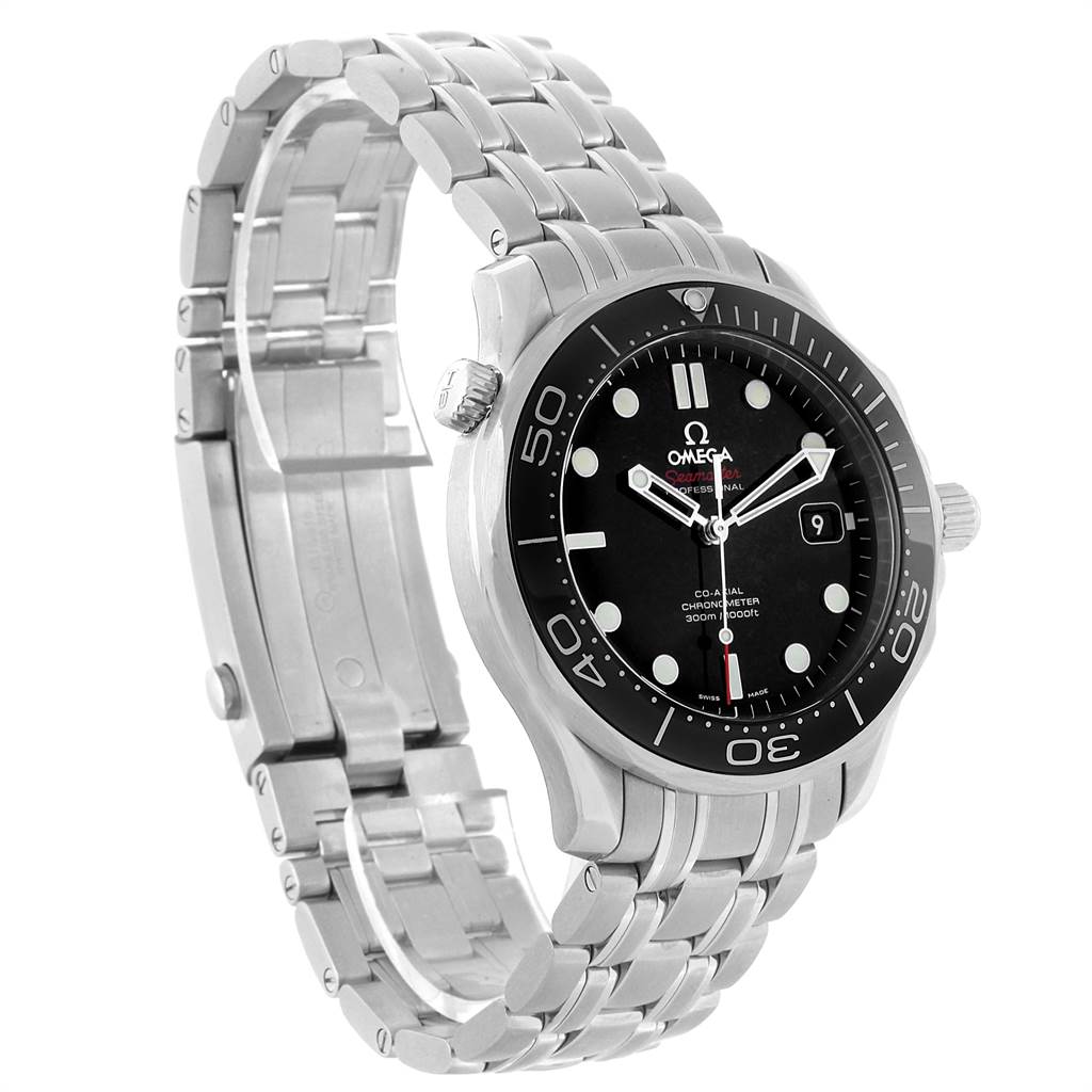 The image shows a side view of an Omega Seamaster 212.30.41.20.01.003 Men
s Stainless Steel Black Dial 212.30.41.20.01.003 Men
s Stainless Steel Black Dial watch highlighting the black dial, bezel, crown, and the metal bracelet.