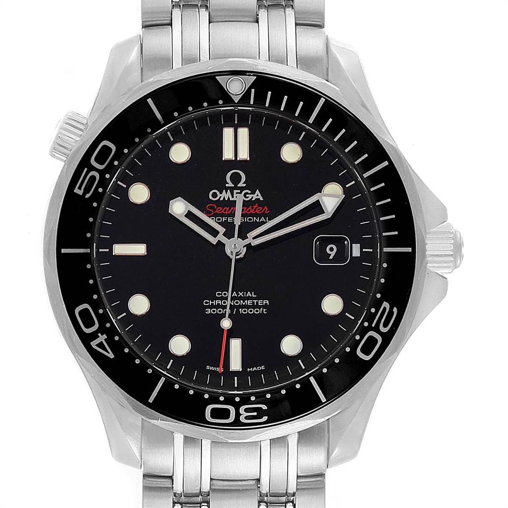 This image shows a front view of the Omega Seamaster 212.30.41.20.01.003 Men
s Stainless Steel Black Dial 212.30.41.20.01.003 Men
s Stainless Steel Black Dial watch, highlighting the face, bezel, crown, and part of the metal strap.