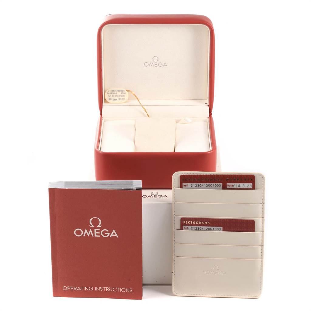 The image shows an Omega Seamaster 212.30.41.20.01.003 Men
s Stainless Steel Black Dial 212.30.41.20.01.003 Men
s Stainless Steel Black Dial box, operating instructions, warranty cards, and a holder, all viewed from the front.