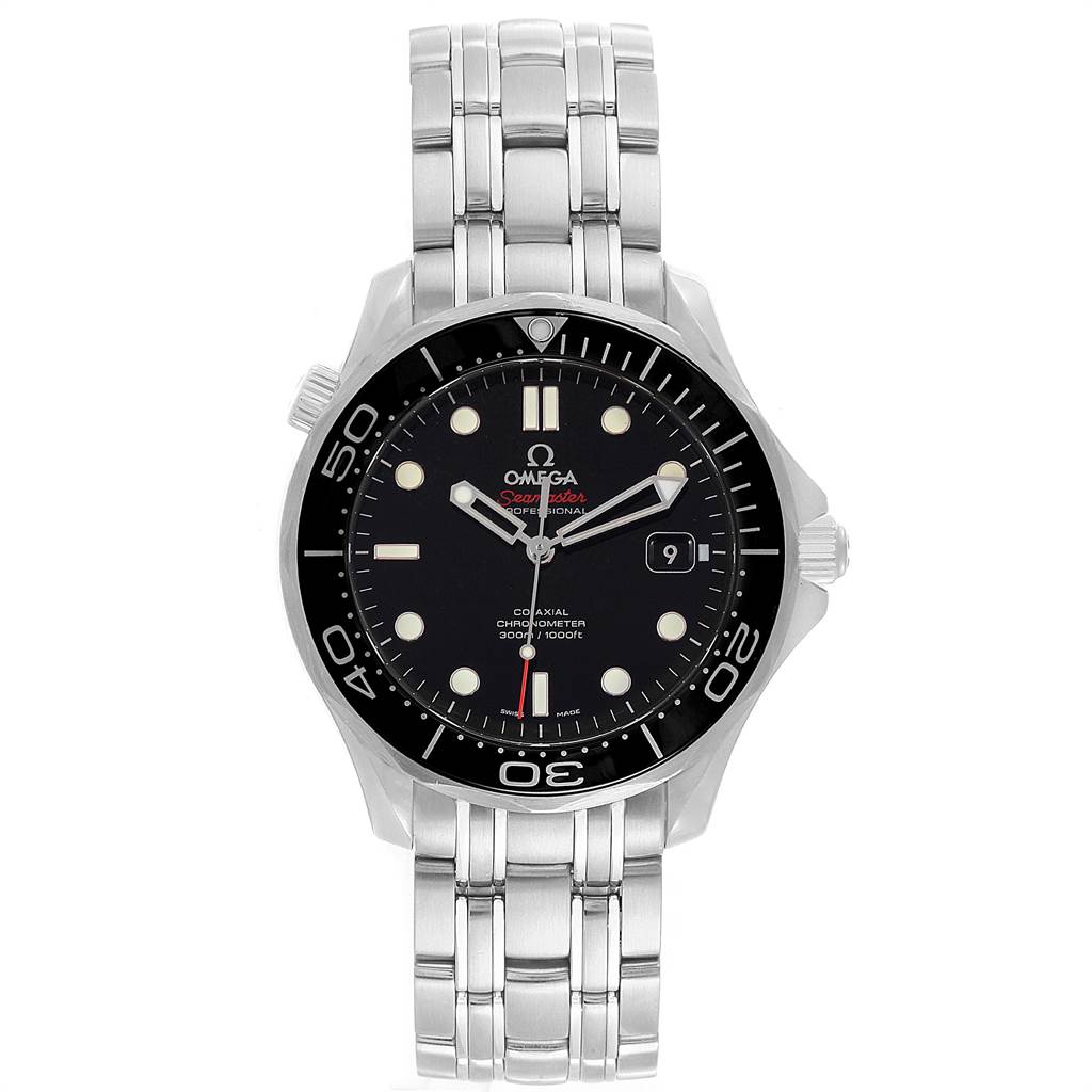 The image shows a front view of an Omega Seamaster 212.30.41.20.01.003 Men
s Stainless Steel Black Dial 212.30.41.20.01.003 Men
s Stainless Steel Black Dial watch, displaying the face, bezel, and bracelet clearly.