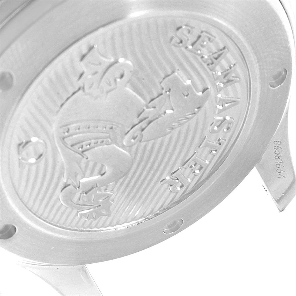 This image shows the back case of an Omega Seamaster 212.30.41.20.01.003 Men
s Stainless Steel Black Dial 212.30.41.20.01.003 Men
s Stainless Steel Black Dial watch, displaying its engraved design and logo.