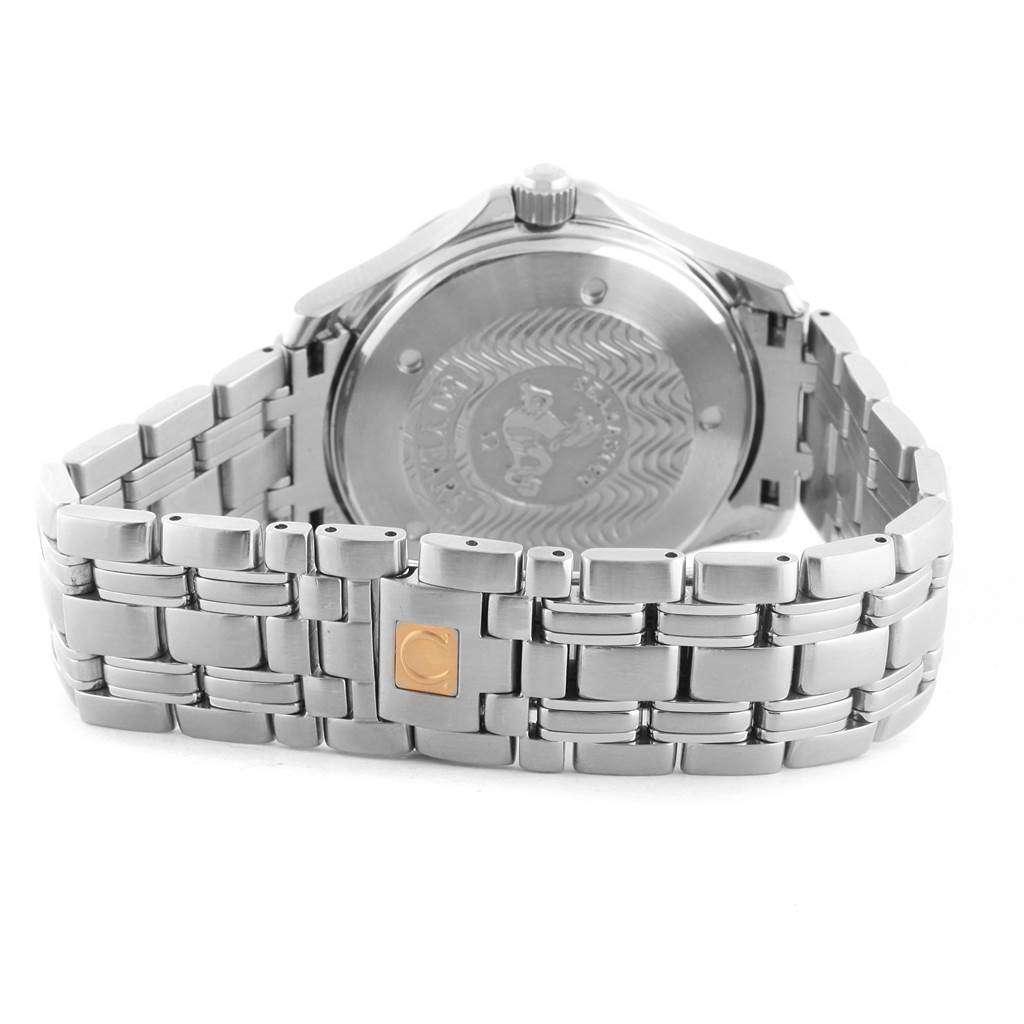 The image shows the rear view of an Omega Seamaster 2534.50.00 Men
s Stainless Steel Black Dial 2534.50.00 Men
s Stainless Steel Black Dial watch, highlighting the case back and metal bracelet.