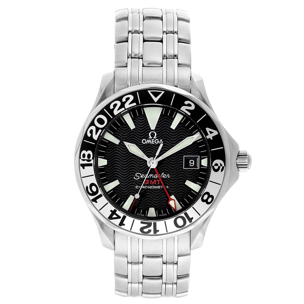 The image shows a front angle view of the Omega Seamaster 2534.50.00 Men
s Stainless Steel Black Dial 2534.50.00 Men
s Stainless Steel Black Dial watch, displaying its dial, bezel, and stainless steel bracelet.