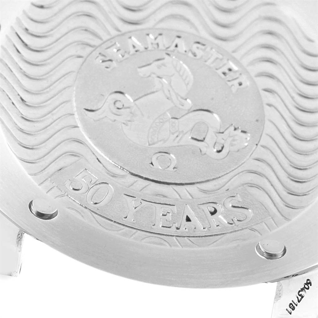 This is a close-up of the back cover of an Omega Seamaster 2534.50.00 Men
s Stainless Steel Black Dial 2534.50.00 Men
s Stainless Steel Black Dial watch, featuring an engraving celebrating "50 YEARS."