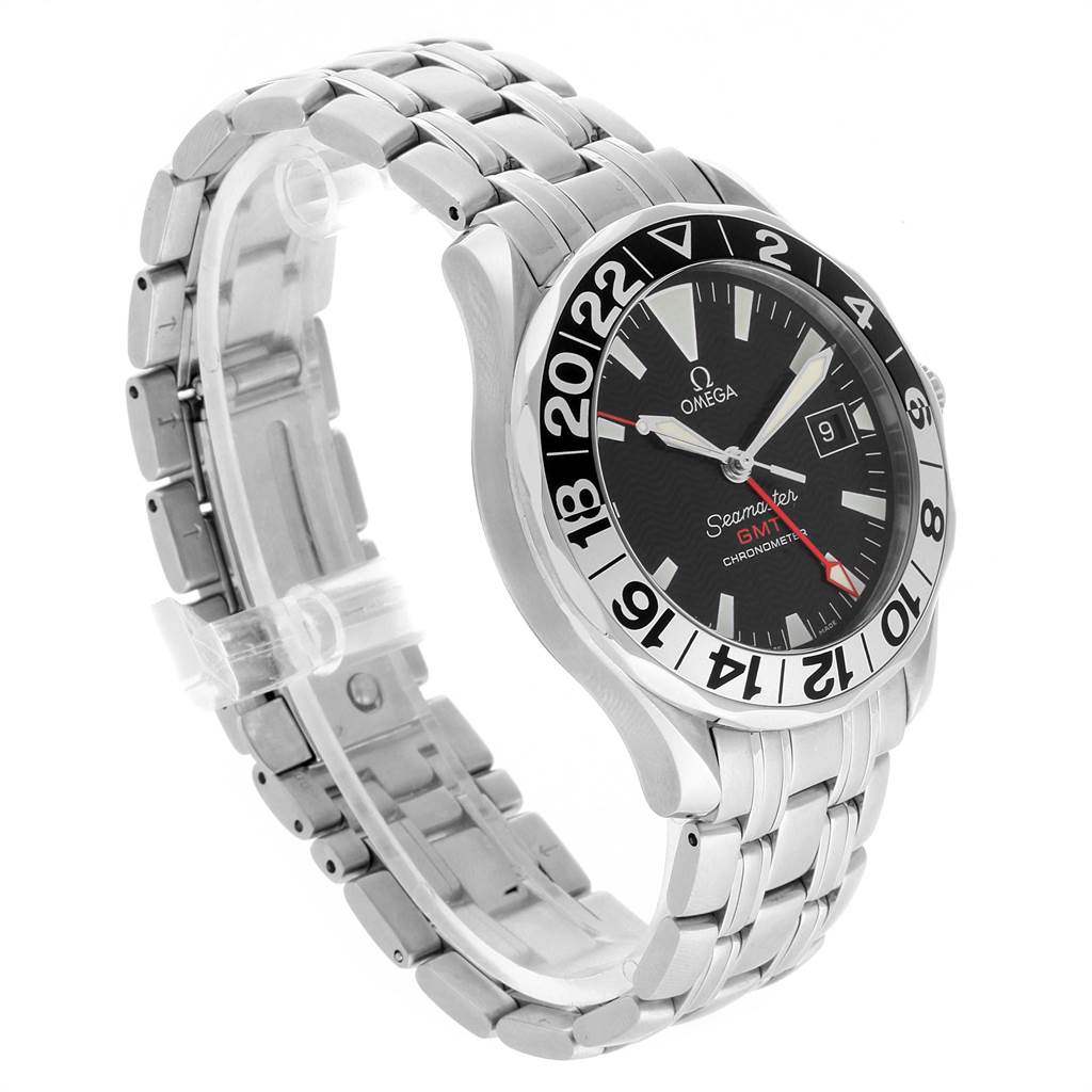 This Omega Seamaster 2534.50.00 Men
s Stainless Steel Black Dial 2534.50.00 Men
s Stainless Steel Black Dial watch is shown at a slight angle, highlighting the face, bezel, and stainless steel bracelet.