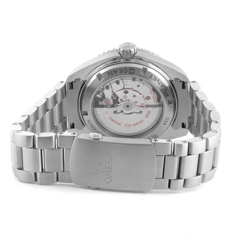 The image shows the back and partially open bracelet of the Omega Seamaster 232.30.46.21.01.002 Men
s Stainless Steel Black Dial 232.30.46.21.01.002 Men
s Stainless Steel Black Dial watch, highlighting its exposed mechanical movement.