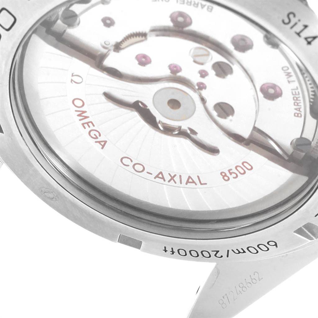 The image shows the back of an Omega Seamaster 232.30.46.21.01.002 Men
s Stainless Steel Black Dial 232.30.46.21.01.002 Men
s Stainless Steel Black Dial watch, specifically highlighting the Co-Axial 8500 movement.