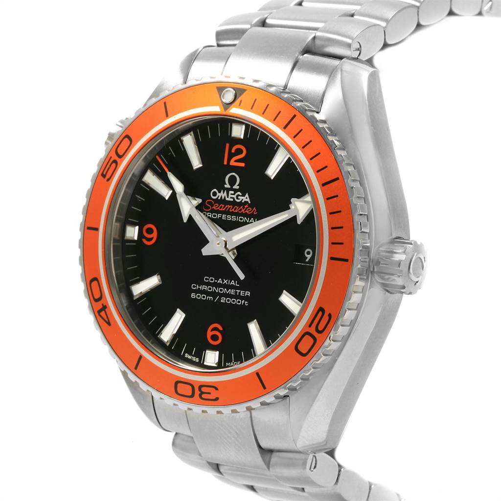 The image shows an angled view of the Omega Seamaster 232.30.46.21.01.002 Men
s Stainless Steel Black Dial 232.30.46.21.01.002 Men
s Stainless Steel Black Dial watch, highlighting its face, bezel, crown, and part of the bracelet.