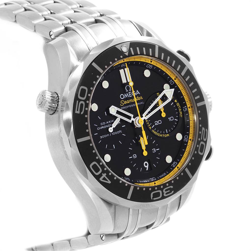 The image shows an Omega Seamaster 212.30.44.50.01.002 Men
s Stainless Steel Black Dial 212.30.44.50.01.002 Men
s Stainless Steel Black Dial watch from a side angle highlighting its bezel, dial, crown, and stainless steel bracelet.