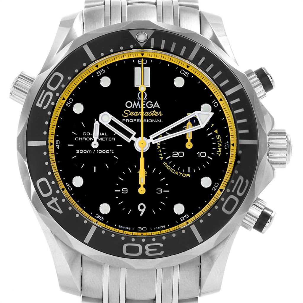The image shows a front view of an Omega Seamaster 212.30.44.50.01.002 Men
s Stainless Steel Black Dial 212.30.44.50.01.002 Men
s Stainless Steel Black Dial Professional watch, featuring a metal band, black dial, yellow accents, and three subdials.