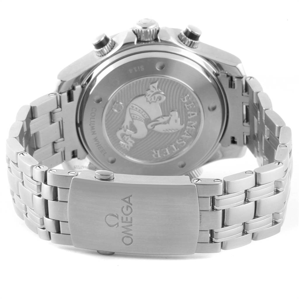 The image shows the back view of an Omega Seamaster 212.30.44.50.01.002 Men
s Stainless Steel Black Dial 212.30.44.50.01.002 Men
s Stainless Steel Black Dial watch, focusing on the clasp, bracelet, and closed case back.