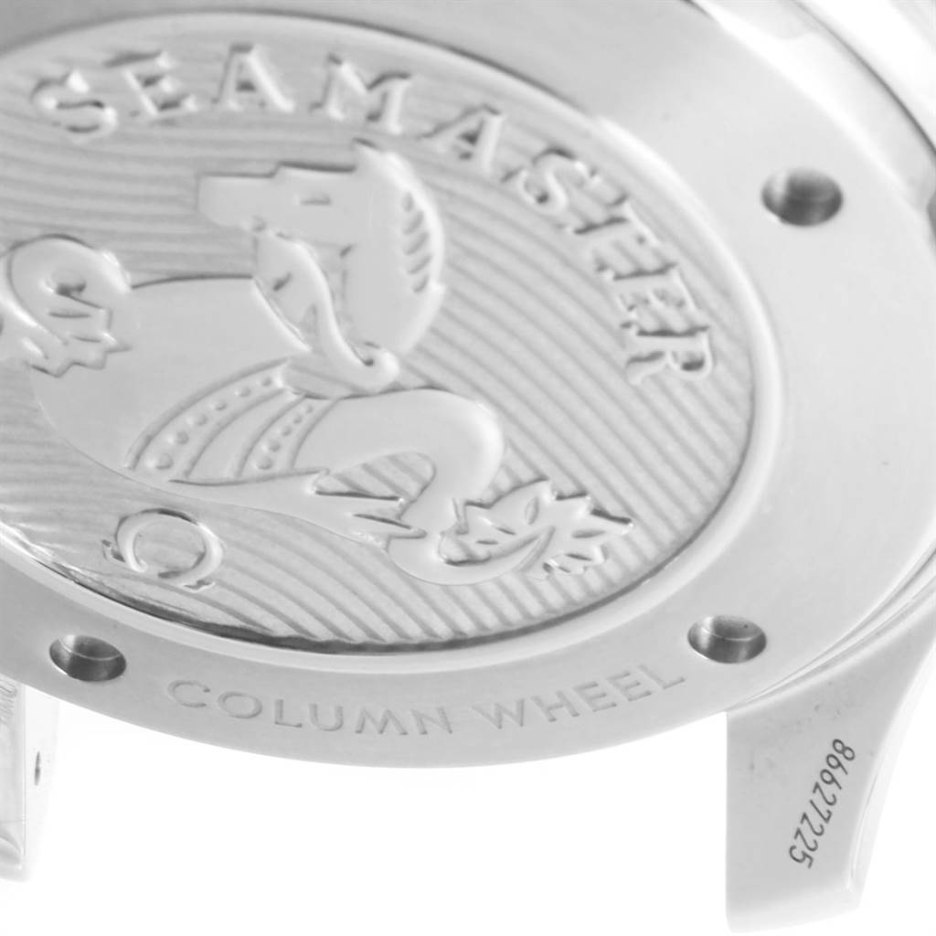 This image shows the back case of an Omega Seamaster 212.30.44.50.01.002 Men
s Stainless Steel Black Dial 212.30.44.50.01.002 Men
s Stainless Steel Black Dial watch, highlighting the engraved logo and text.