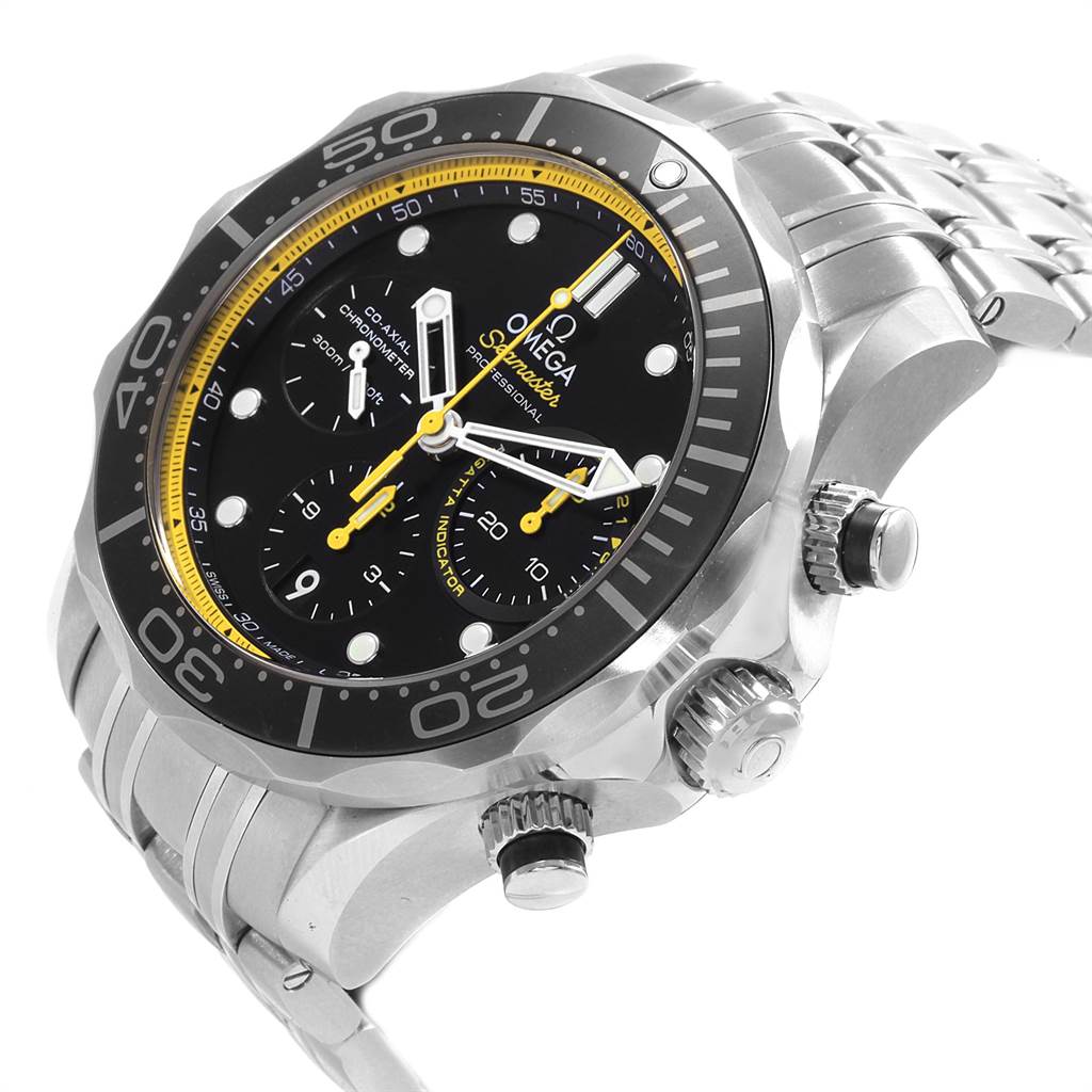 The image shows an angled view of the Omega Seamaster 212.30.44.50.01.002 Men
s Stainless Steel Black Dial 212.30.44.50.01.002 Men
s Stainless Steel Black Dial watch, highlighting its face, bezel, chronograph dials, and metal bracelet.