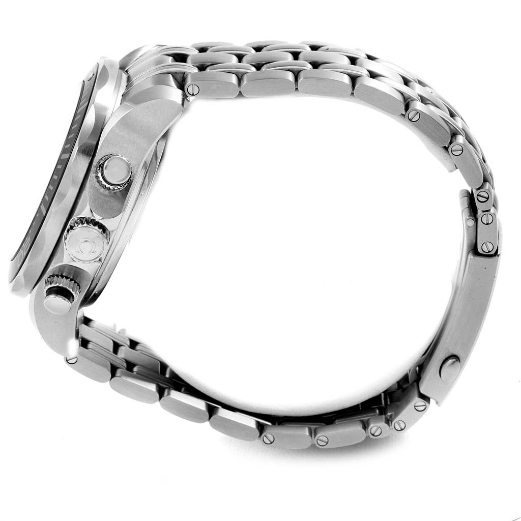 The image shows a side profile of an Omega Seamaster 212.30.44.50.01.002 Men
s Stainless Steel Black Dial 212.30.44.50.01.002 Men
s Stainless Steel Black Dial watch, focusing on the bracelet, crown, and pushers.