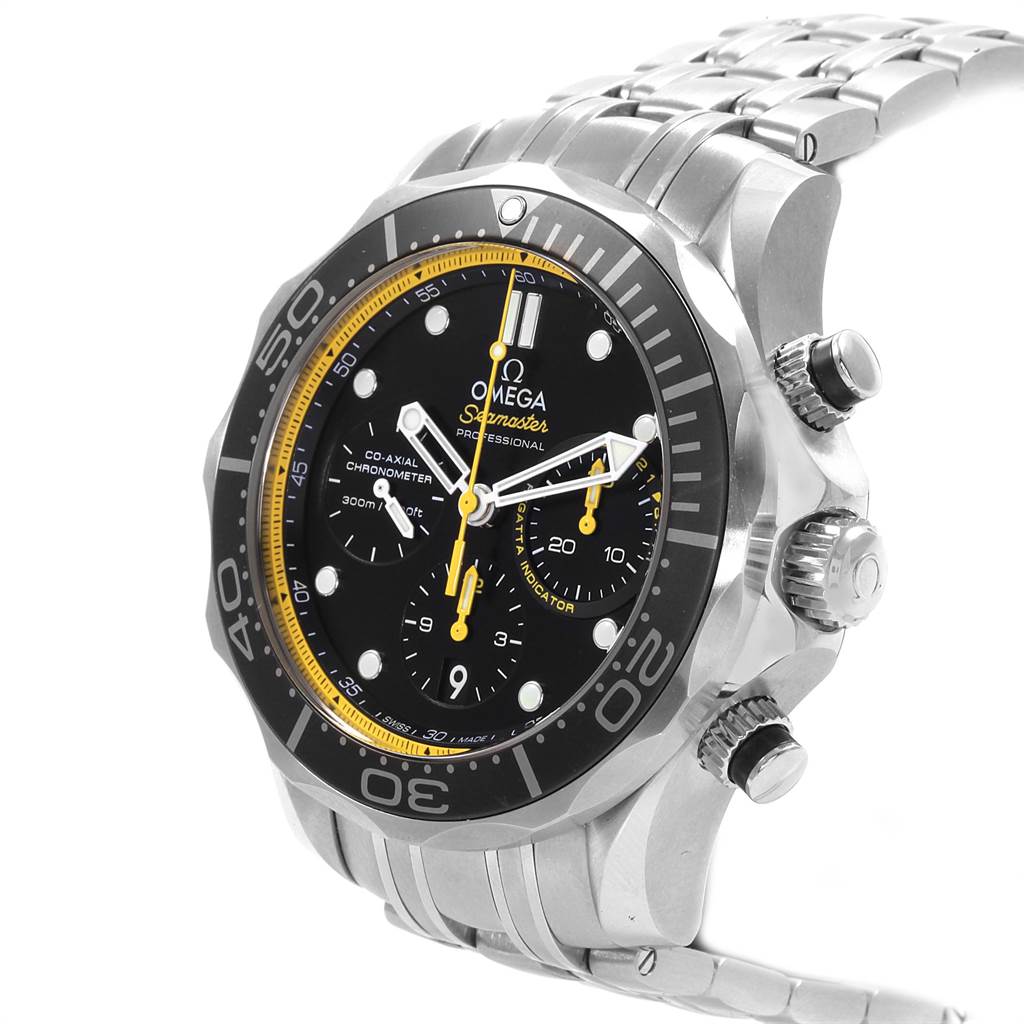 The image shows an Omega Seamaster 212.30.44.50.01.002 Men
s Stainless Steel Black Dial 212.30.44.50.01.002 Men
s Stainless Steel Black Dial watch from an angled side view, highlighting its bezel, dial, and crown.