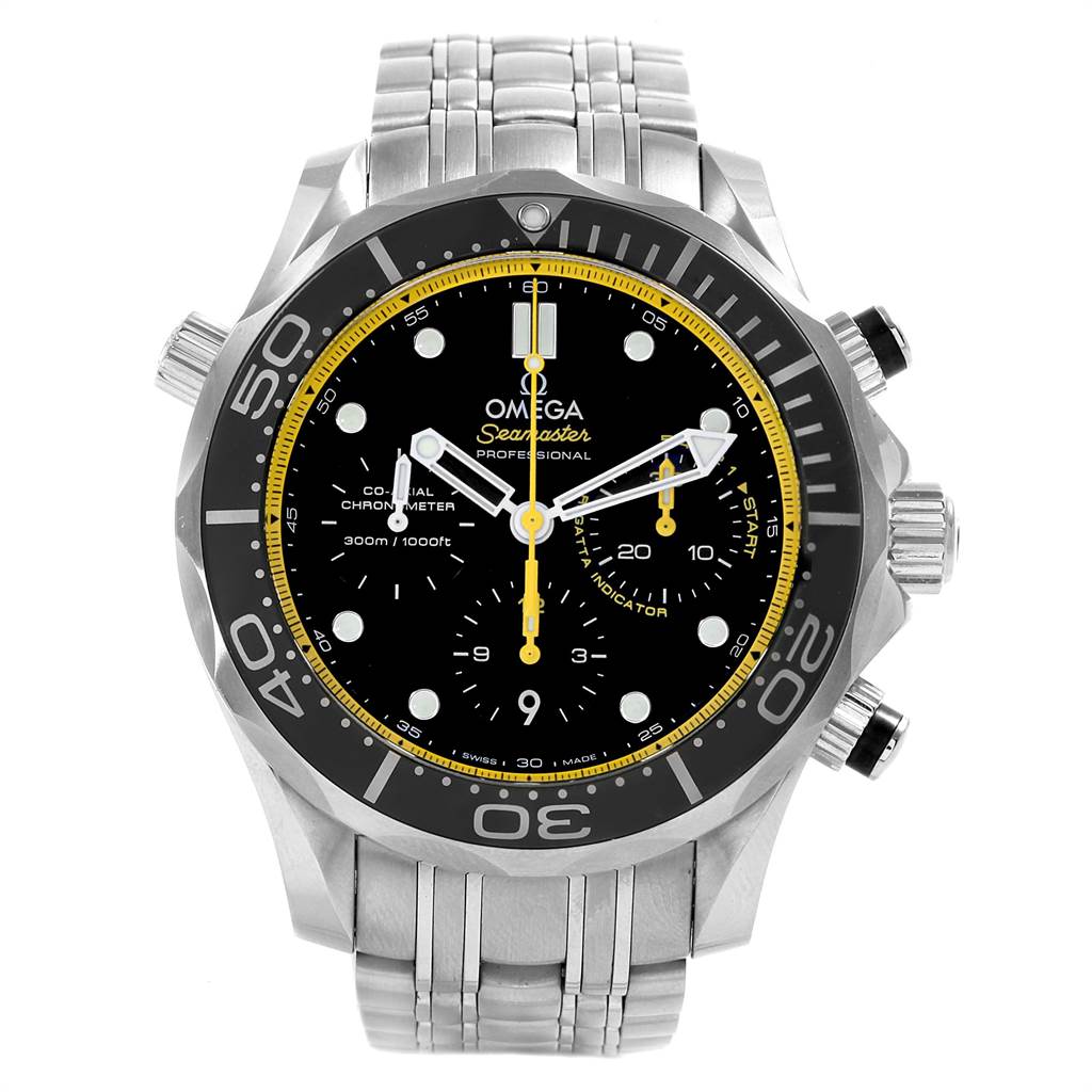 The image shows a front view of the Omega Seamaster 212.30.44.50.01.002 Men
s Stainless Steel Black Dial 212.30.44.50.01.002 Men
s Stainless Steel Black Dial Professional watch, highlighting the dial, bezel, and stainless steel bracelet.