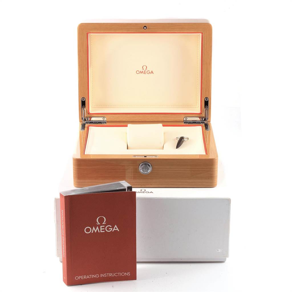 The image shows an Omega Seamaster 212.30.44.50.01.002 Men
s Stainless Steel Black Dial 212.30.44.50.01.002 Men
s Stainless Steel Black Dial watch box, operating instructions, and outer packaging.