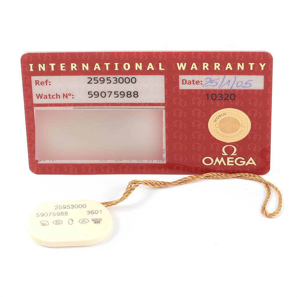 The image shows the international warranty card and tag for an Omega Seamaster 2595.30.00 Men
s Stainless Steel Silver Dial 2595.30.00 Men
s Stainless Steel Silver Dial watch, displaying reference and watch numbers.