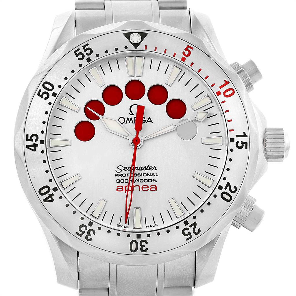 The Omega Seamaster 2595.30.00 Men
s Stainless Steel Silver Dial 2595.30.00 Men
s Stainless Steel Silver Dial watch is shown from a front angle, displaying the face, bezel, and crown.