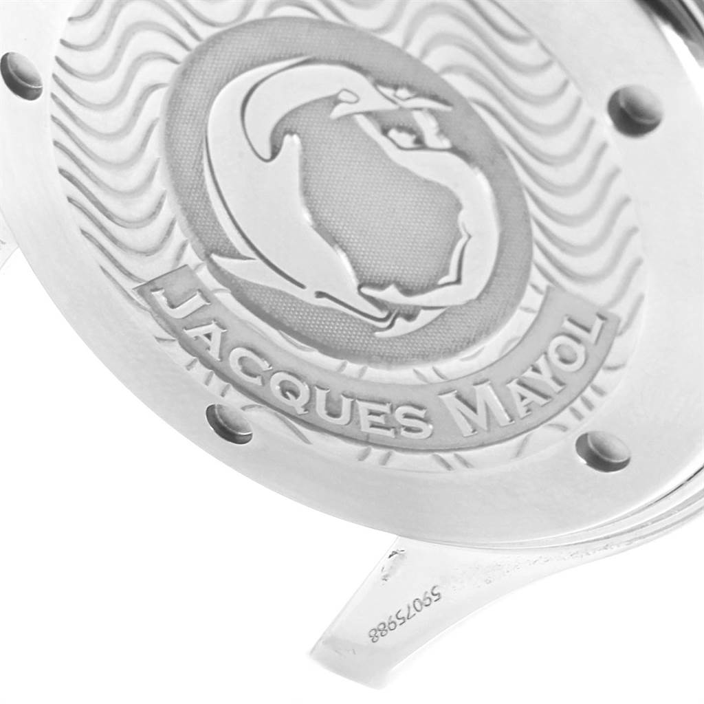 The image shows the engraved case back of an Omega Seamaster 2595.30.00 Men
s Stainless Steel Silver Dial 2595.30.00 Men
s Stainless Steel Silver Dial watch, featuring the "Jacques Mayol" engraving and serial number.