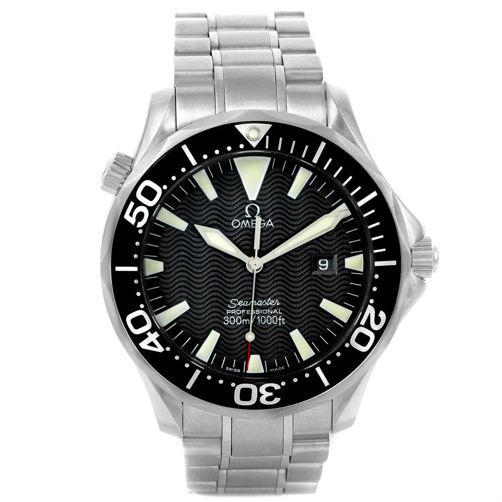 The image shows a front view of the Omega Seamaster 2264.50.00 Men
s Stainless Steel Black Dial 2264.50.00 Men
s Stainless Steel Black Dial watch, displaying its dial, bezel, bracelet, and crown.