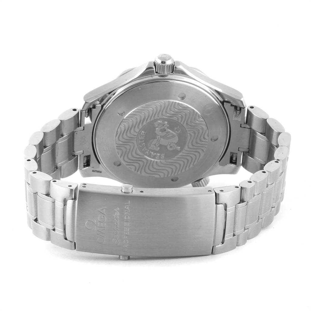 The image shows the case back and bracelet clasp of an Omega Seamaster 2264.50.00 Men
s Stainless Steel Black Dial 2264.50.00 Men
s Stainless Steel Black Dial watch, viewed from the rear.