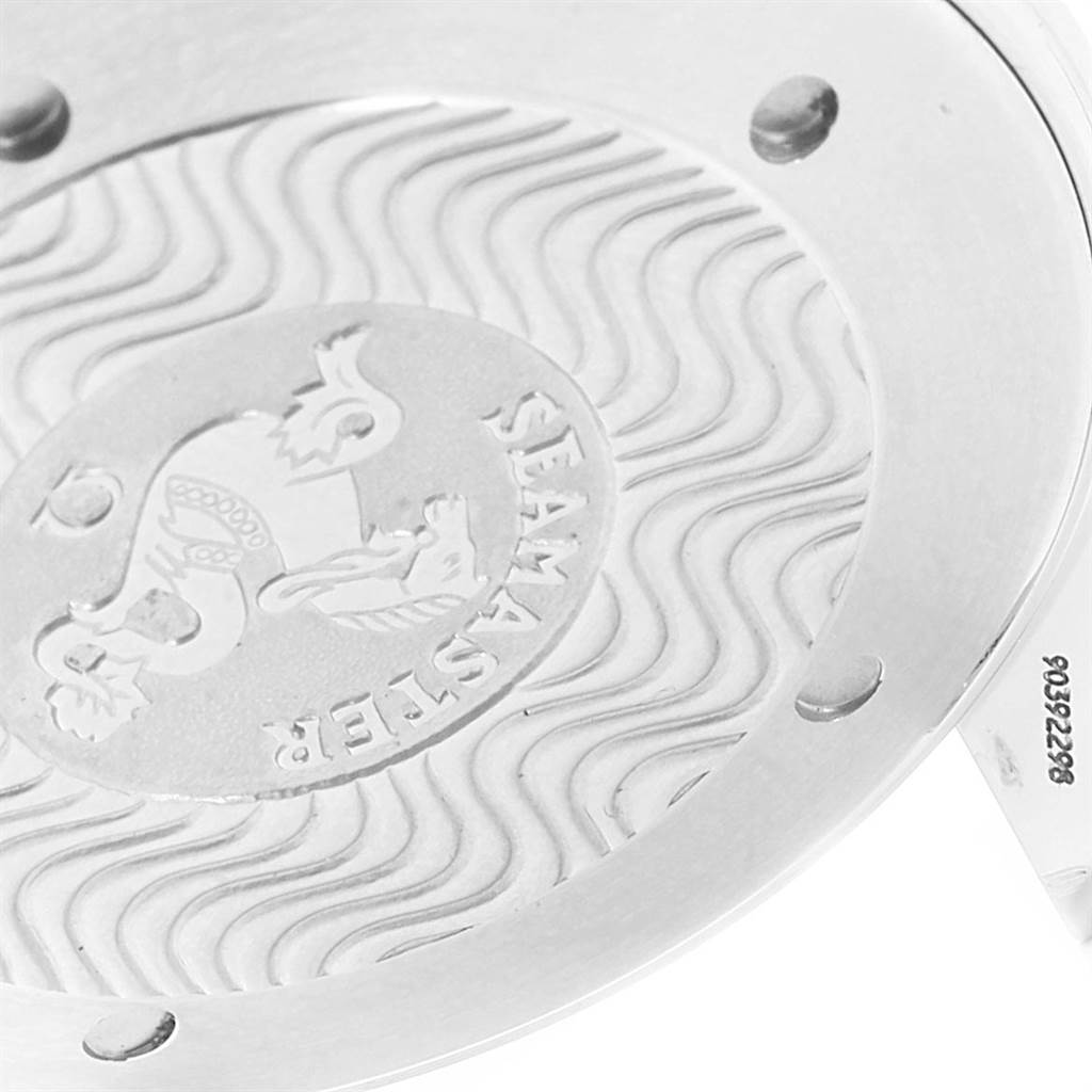 The image shows the case back of an Omega Seamaster 2264.50.00 Men
s Stainless Steel Black Dial 2264.50.00 Men
s Stainless Steel Black Dial watch, featuring a wavy pattern and the Seamaster logo.