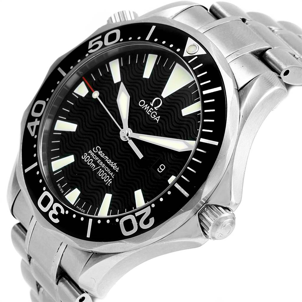 The image shows an angled close-up of the Omega Seamaster 2264.50.00 Men
s Stainless Steel Black Dial 2264.50.00 Men
s Stainless Steel Black Dial watch, highlighting the dial, bezel, and crown.
